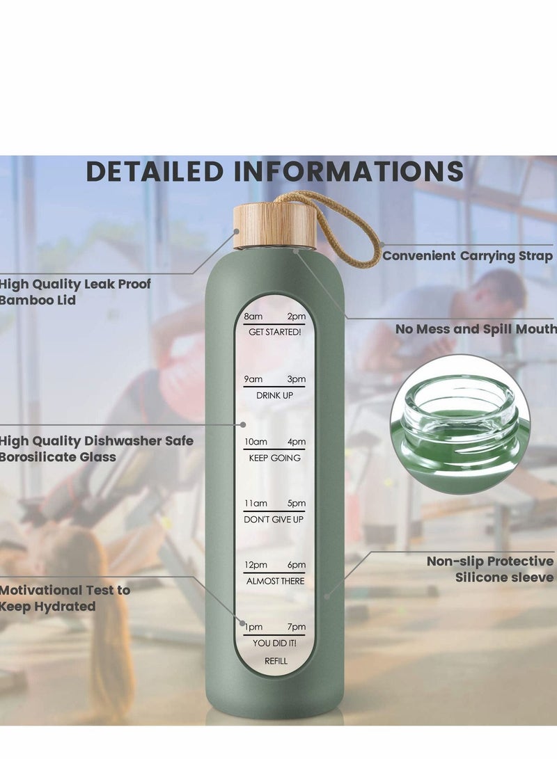 32 Oz Borosilicate Glass Water Bottle with Time Marker Reminder Quotes Leak Proof Reusable BPA Free Motivational Silicone Sleeve and Bamboo Lid