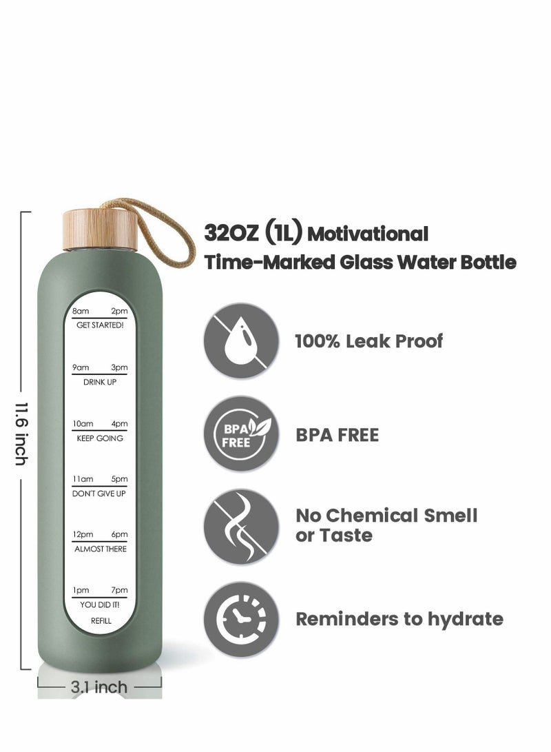 32 Oz Borosilicate Glass Water Bottle with Time Marker Reminder Quotes Leak Proof Reusable BPA Free Motivational Silicone Sleeve and Bamboo Lid