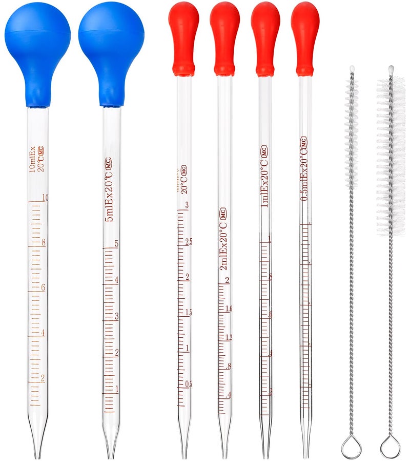 HOAOH 6 Pieces Glass Pipettes 10ml 5ml 3ml 2ml 1ml 0.5ml Glass Graduated Dropper Pipette for School, Students, Transfer for Liquid Essential Oil