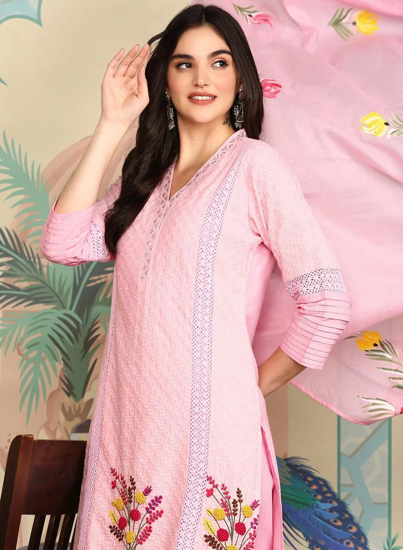 آي شين طقم كورتا نسائي وردي قطن % مطبوع بقصة مستقيمة