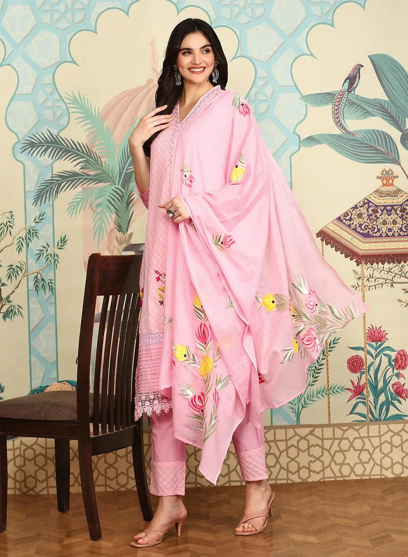 آي شين طقم كورتا نسائي وردي قطن % مطبوع بقصة مستقيمة