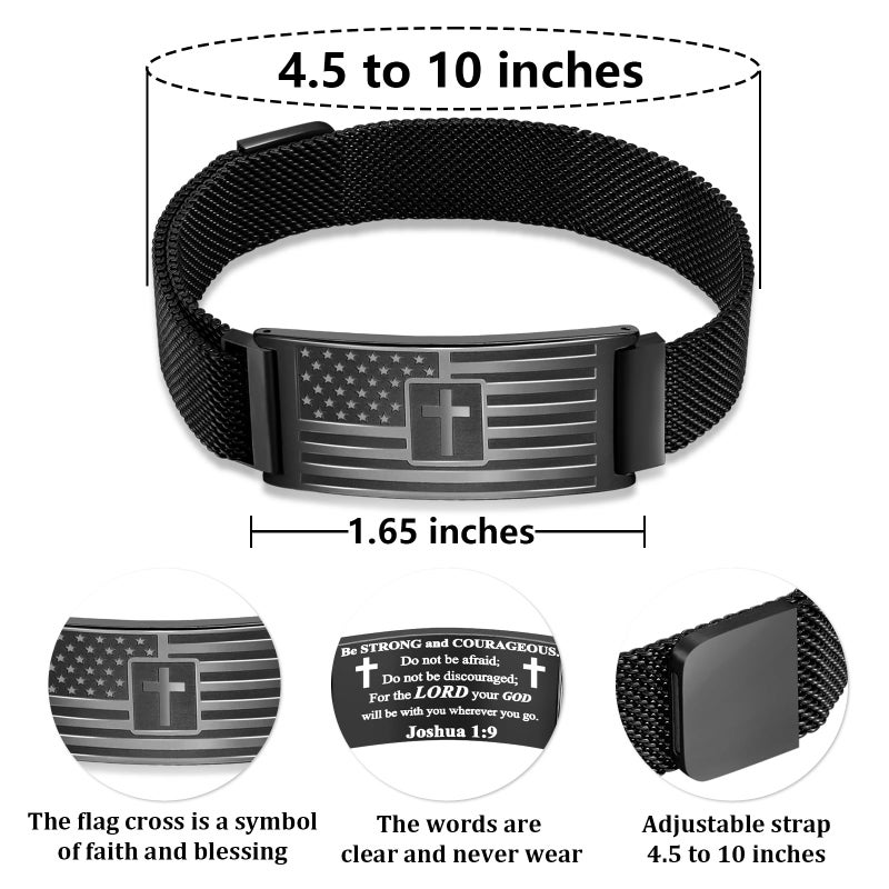 DuoDiner DouDiner Cross American Flag Bracelet for Men,Stainless Steel Bible Verse Bracelets Mens Jewelry Gift, 2025 Graduation Gifts for Men Him Dad(Flag Cross-Joshua 1:9,Black) - Image 4