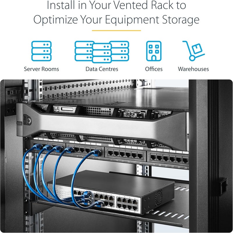 StarTech .com 1U Vented Server Rack Cabinet Shelf - 16in Deep Fixed Cantilever Tray - Rackmount Shelf for 19" AV/Data/Network Equipment Enclosure with Cage Nuts & Screws - 44lbs capacity (CABSHELF116V) - Image 5