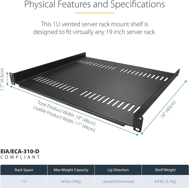 StarTech .com 1U Vented Server Rack Cabinet Shelf - 16in Deep Fixed Cantilever Tray - Rackmount Shelf for 19" AV/Data/Network Equipment Enclosure with Cage Nuts & Screws - 44lbs capacity (CABSHELF116V) - Image 3