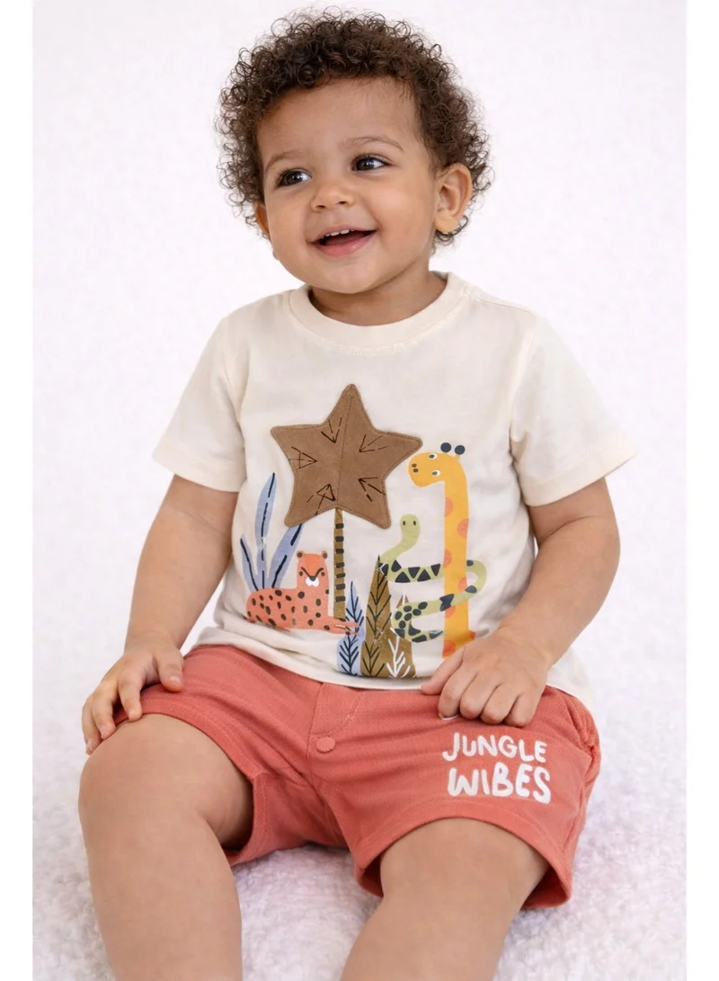 victor and jane Infant Boys’ 2-Piece Set – Safari Animal Print T-Shirt & Drawstring Shorts (Beige)