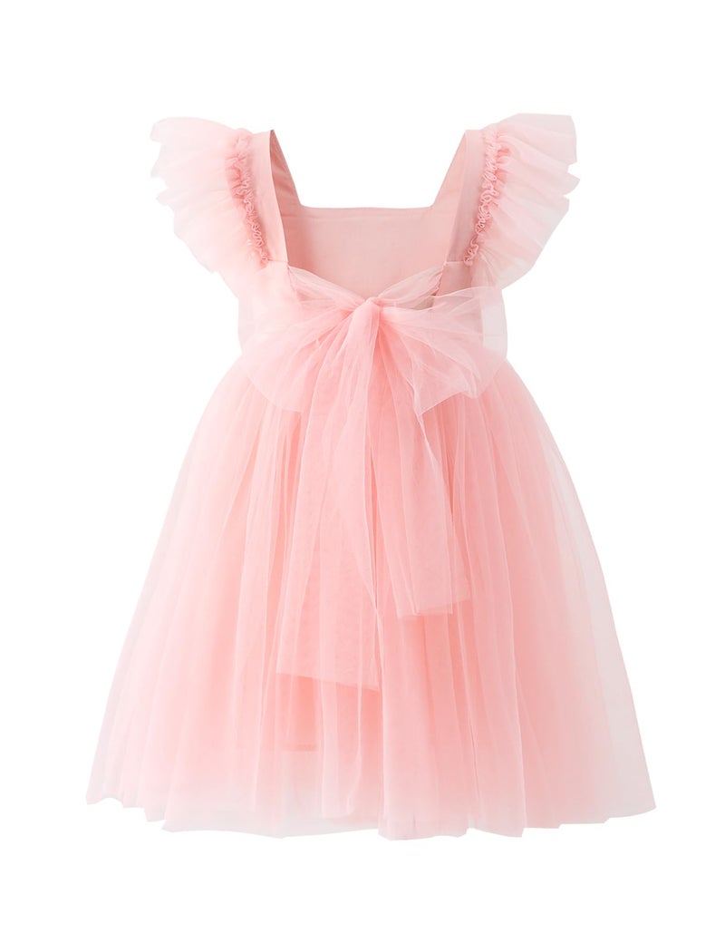 Tutu.kk Little Girls Vintage Party Dress Ruffled Sleeve A-Line Tulle Flower Girl Dresses for Wedding,Birthday Pink 4-5t - Image 1