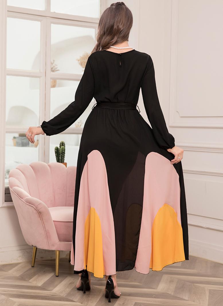 فرايديين انيق دائري تباين اللون اللون الصامد الربط حزام الكم المنفوخ فساتين طويلة اسود - Image 2