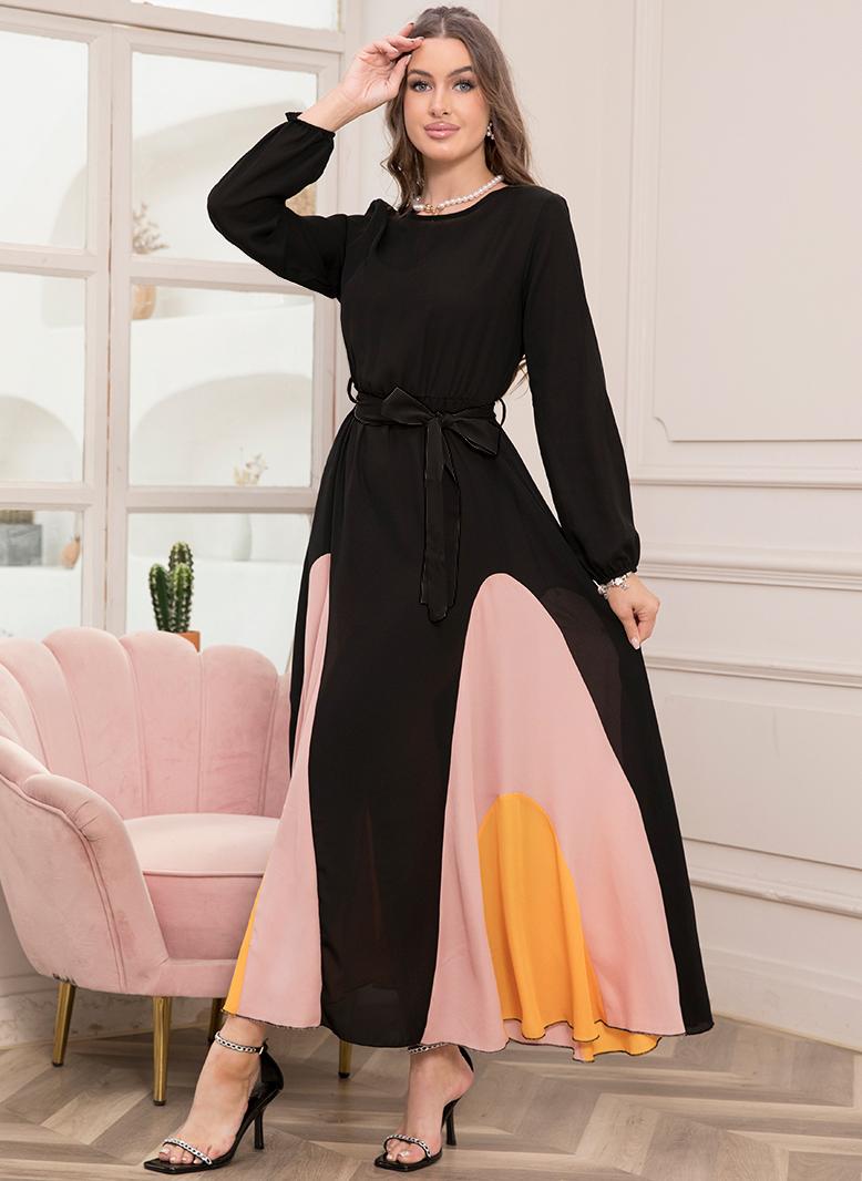 فرايديين انيق دائري تباين اللون اللون الصامد الربط حزام الكم المنفوخ فساتين طويلة اسود - Image 4