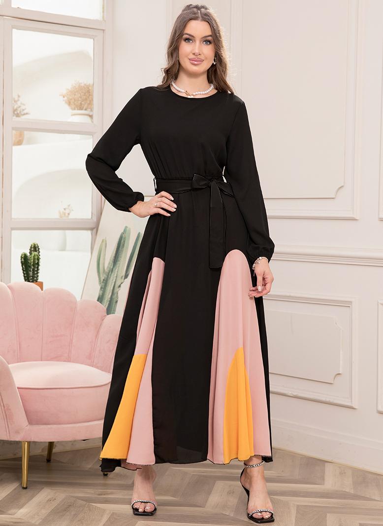 فرايديين انيق دائري تباين اللون اللون الصامد الربط حزام الكم المنفوخ فساتين طويلة اسود - Image 5