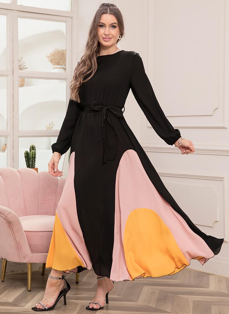 فرايديين انيق دائري تباين اللون اللون الصامد الربط حزام الكم المنفوخ فساتين طويلة اسود - Image 1