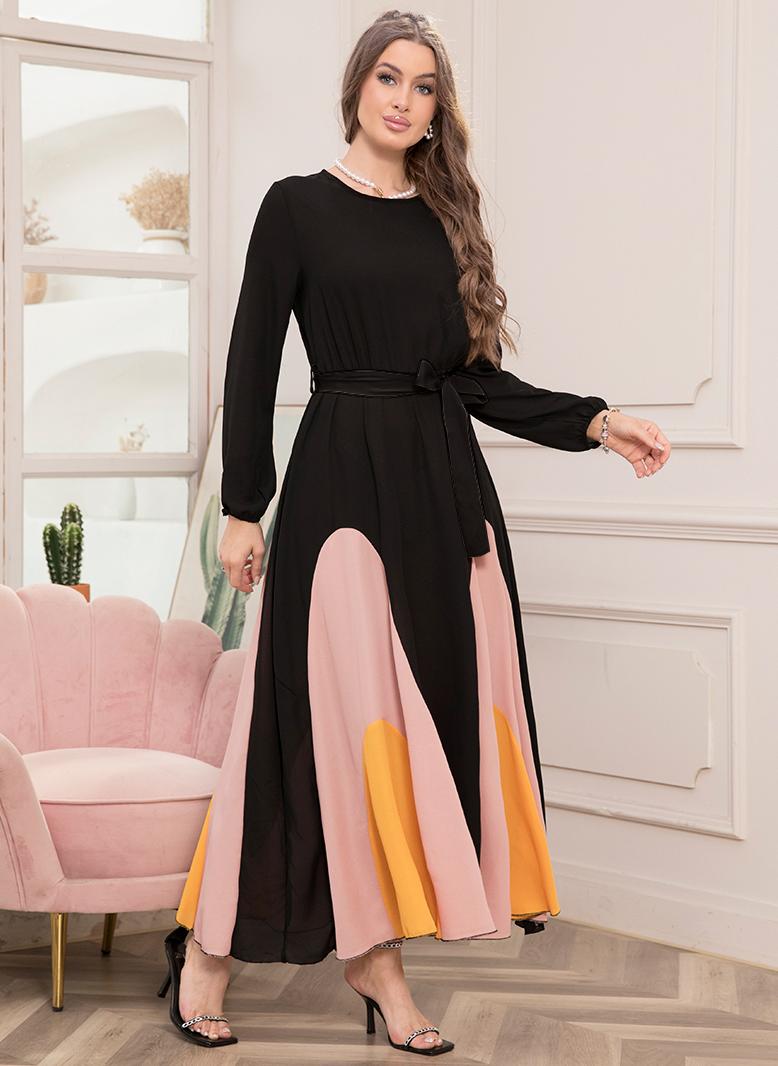 فرايديين انيق دائري تباين اللون اللون الصامد الربط حزام الكم المنفوخ فساتين طويلة اسود - Image 3