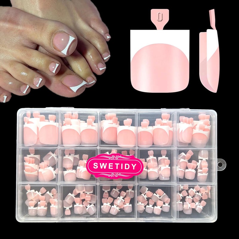 SWETIDY SWETIDAY Toe Nail Tips Press on, French Fake Short Toe Tips, 150Pcs Square Round Acrylic Toenail Press Ons, 15 Sizes French Baby Pink Wearable Full Cover Fake Toenails - Image 1