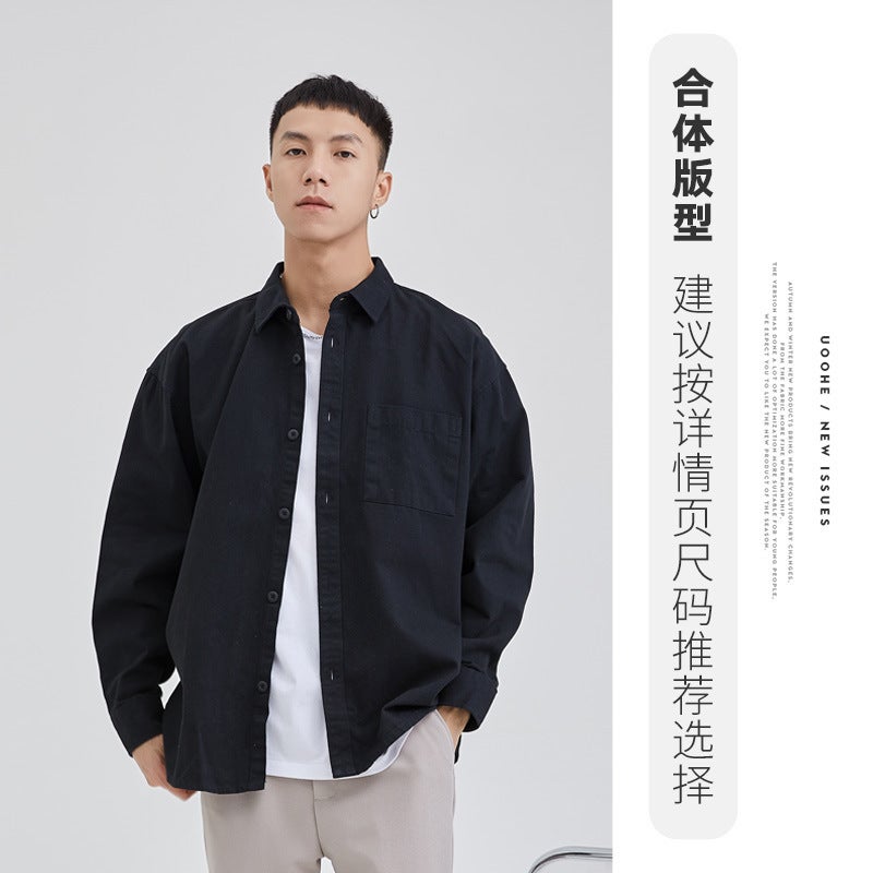 2024 Tooling Shirt Japanese Style Pure Cotton Solid Color Long Sleeve Shirt Mens Casual Loose Pocket Tooling Shirt Spring SS915 Black  - Image 1