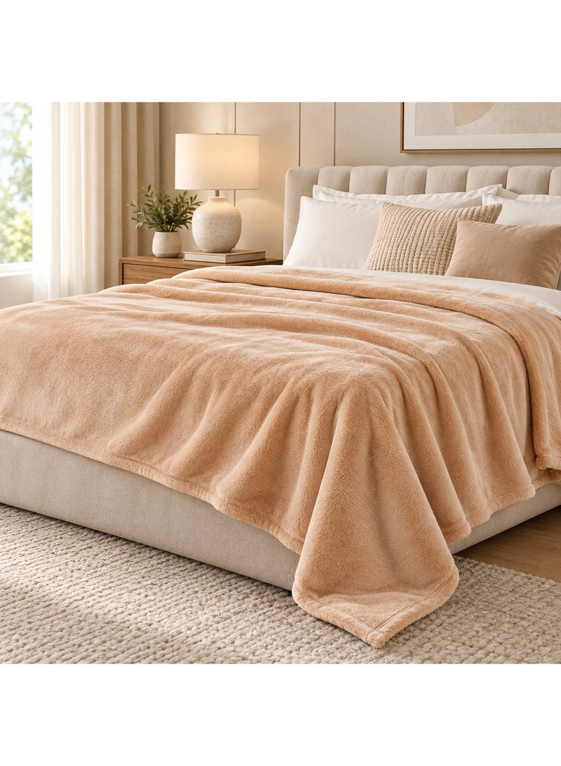 معنى المنزل بطانية "ميلو" (Mellow) بمقاس "كينغ" (King Size) من قماش الفلانيل والصوف الدقيق (Micro Fleece)، فائقة النعومة والراحة، بمقاس 220 × 240 سم، لون بيج. - Image 1