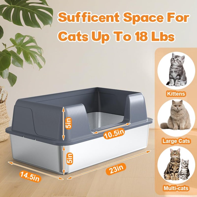 Vivifying Stainless Steel Cat Litter Box, XL Extra Large Semi-Enclosed Metal Pan with Side Entry, Scoop Included, Open Top Potty for Indoor Big Cats & Kitty, Easy to Clean & Odor Resistant (Gray) - Image 2