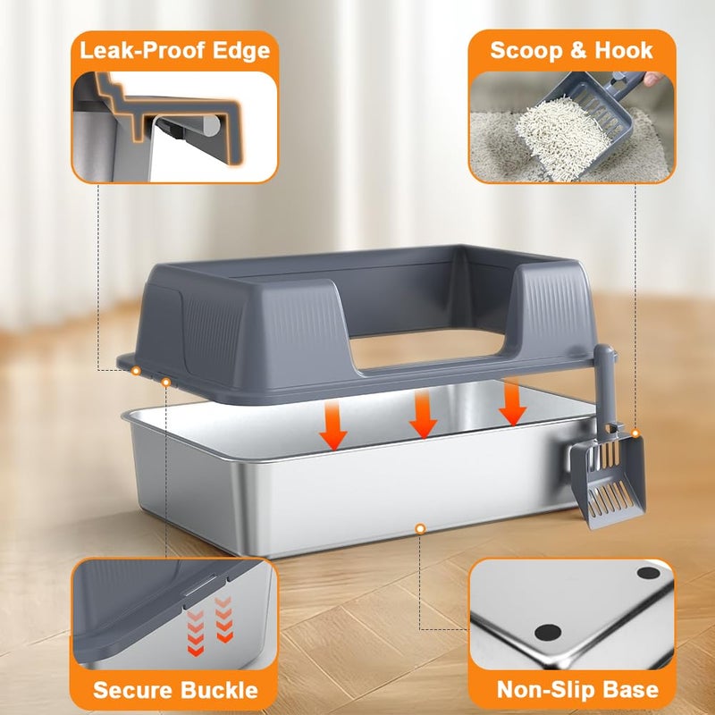 Vivifying Stainless Steel Cat Litter Box, XL Extra Large Semi-Enclosed Metal Pan with Side Entry, Scoop Included, Open Top Potty for Indoor Big Cats & Kitty, Easy to Clean & Odor Resistant (Gray) - Image 5