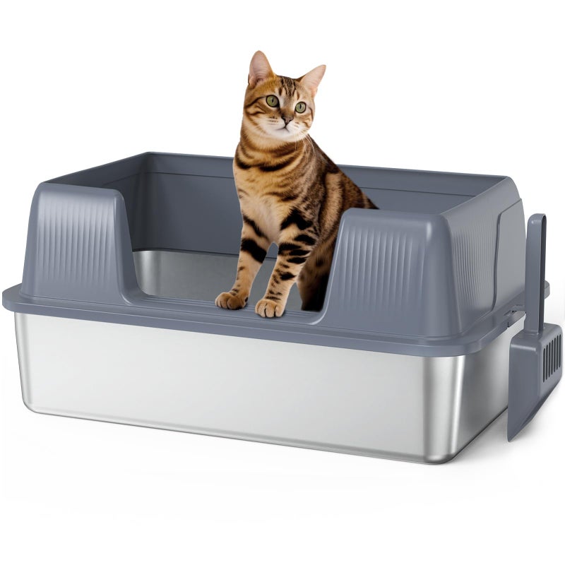 Vivifying Stainless Steel Cat Litter Box, XL Extra Large Semi-Enclosed Metal Pan with Side Entry, Scoop Included, Open Top Potty for Indoor Big Cats & Kitty, Easy to Clean & Odor Resistant (Gray) - Image 1