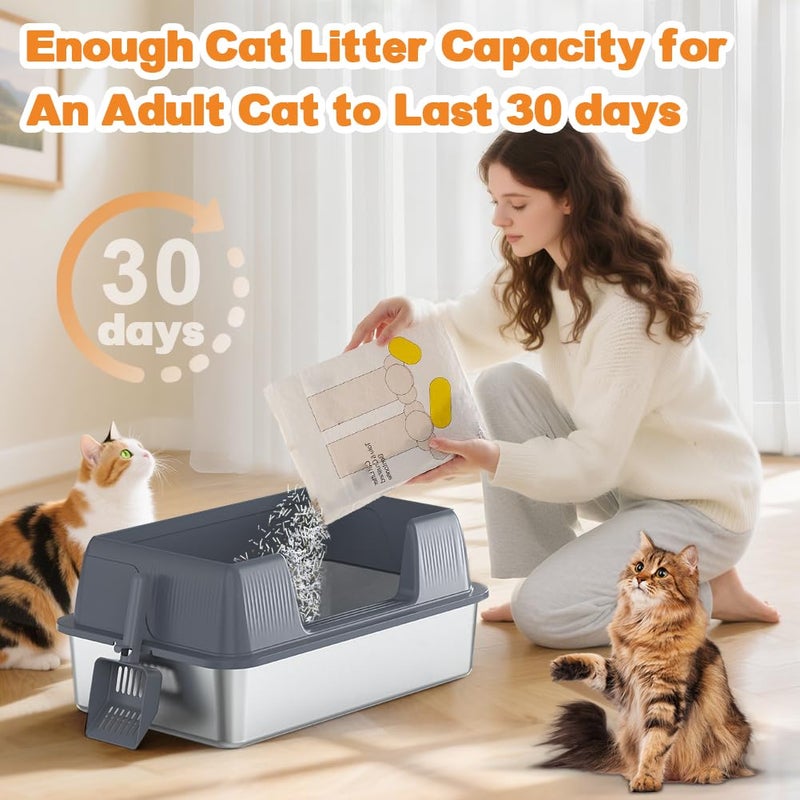 Vivifying Stainless Steel Cat Litter Box, XL Extra Large Semi-Enclosed Metal Pan with Side Entry, Scoop Included, Open Top Potty for Indoor Big Cats & Kitty, Easy to Clean & Odor Resistant (Gray) - Image 3