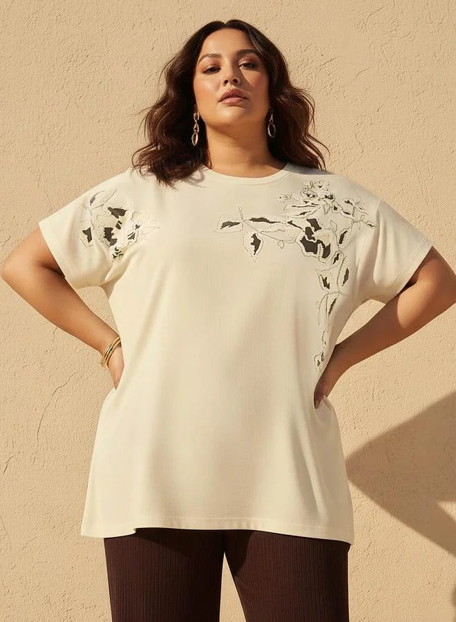 Ulla Popken Ulla Popken Relaxed Fit T shirt with Floral Embellished Detail