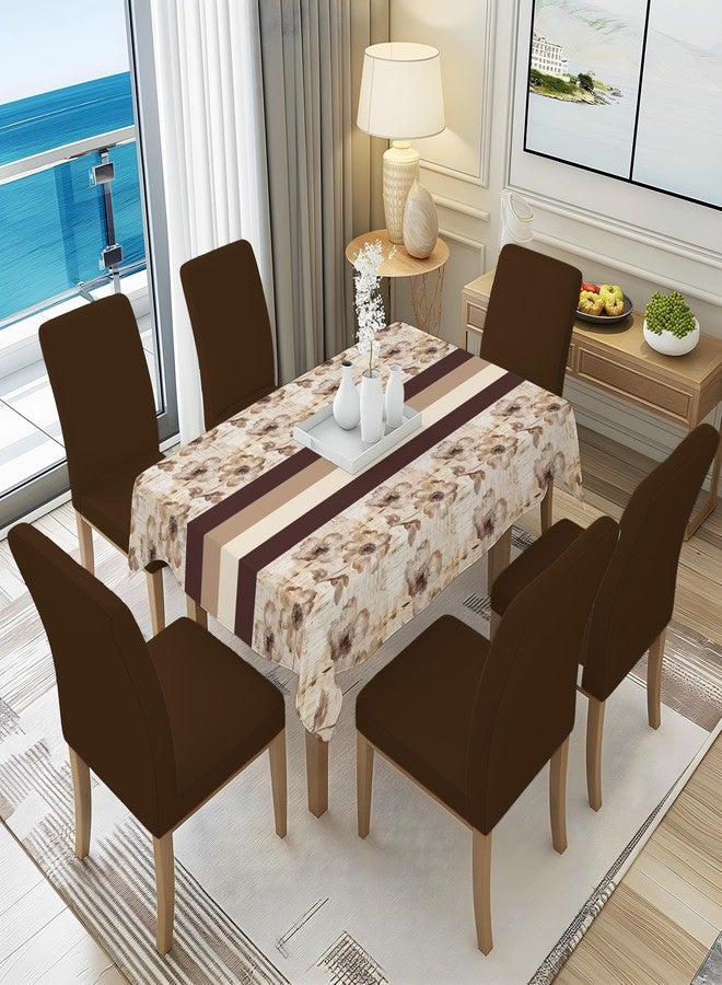 Decorian Polycotton Printed Dining Table Cloth with Dining Chair Covers,Slipcovers (Brown Flower Stripes, 6 Seater Table Cover + 6 Chair Cover) - Image 1