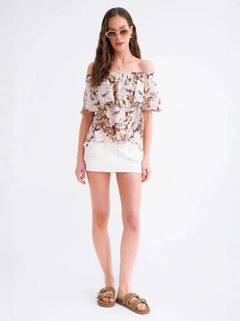 MixRay Mixray Floral Print Off Shoulder Blouse