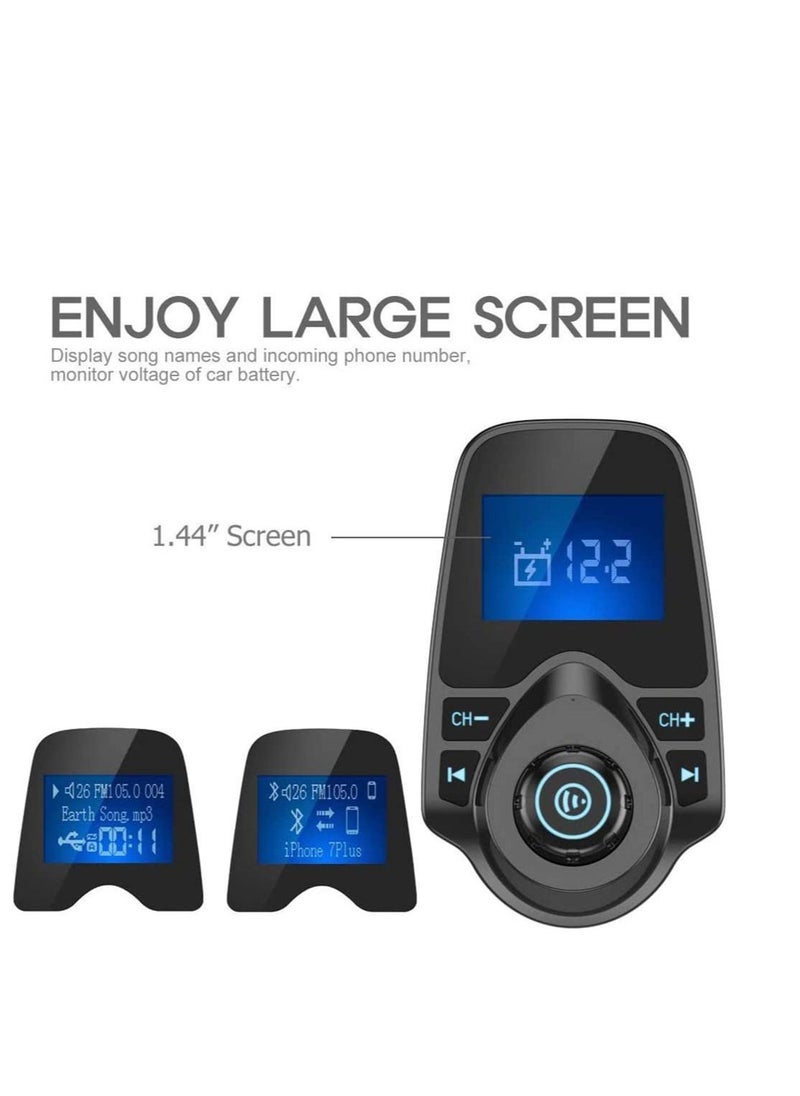 T10 Wireless Bluetooth FM Transmitter For Car With 1.44 Inch Display USB Charger MP3 Player Transmits TF Card Aux In iPhone Andrios Pixels Music Call Google Navigation