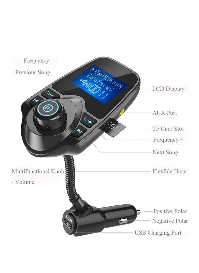 T10 Wireless Bluetooth FM Transmitter For Car With 1.44 Inch Display USB Charger MP3 Player Transmits TF Card Aux In iPhone Andrios Pixels Music Call Google Navigation