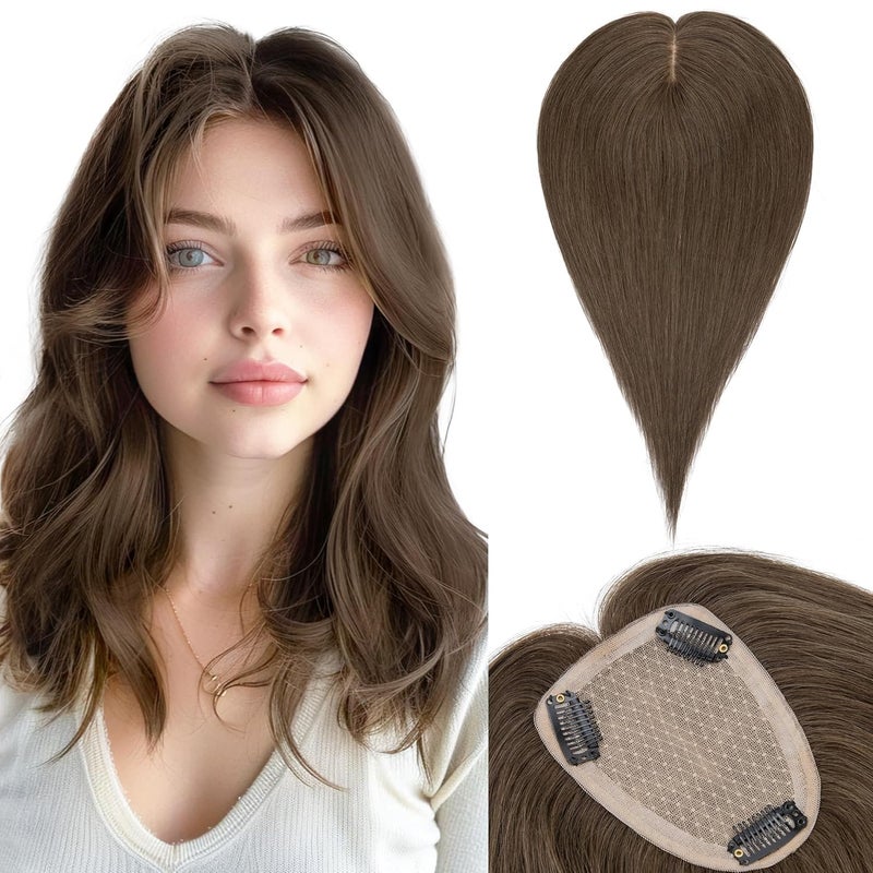 SEGO Hair Toppers for Women Real Human Hair Large Full Silk Base 9  14 cm Free Part No Bangs 150 Density Clip In Topper Hairpieces for Women with Thinning Hair 12 Inch 2Y Dark Smoky Brown