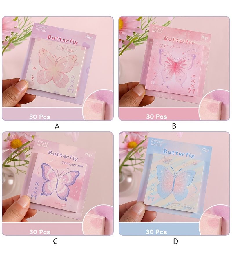 Set Of 4 Romantic Butterfly Sticky Notes 30 Sheets Per Pad Study Office Memo - Image 3