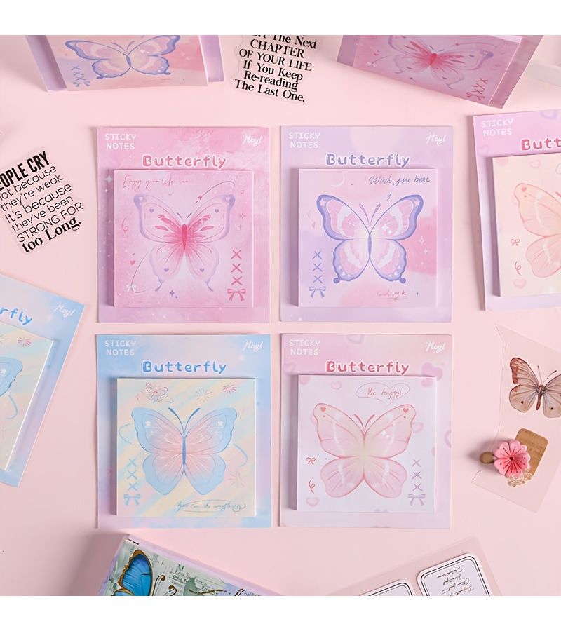 Set Of 4 Romantic Butterfly Sticky Notes 30 Sheets Per Pad Study Office Memo - Image 1