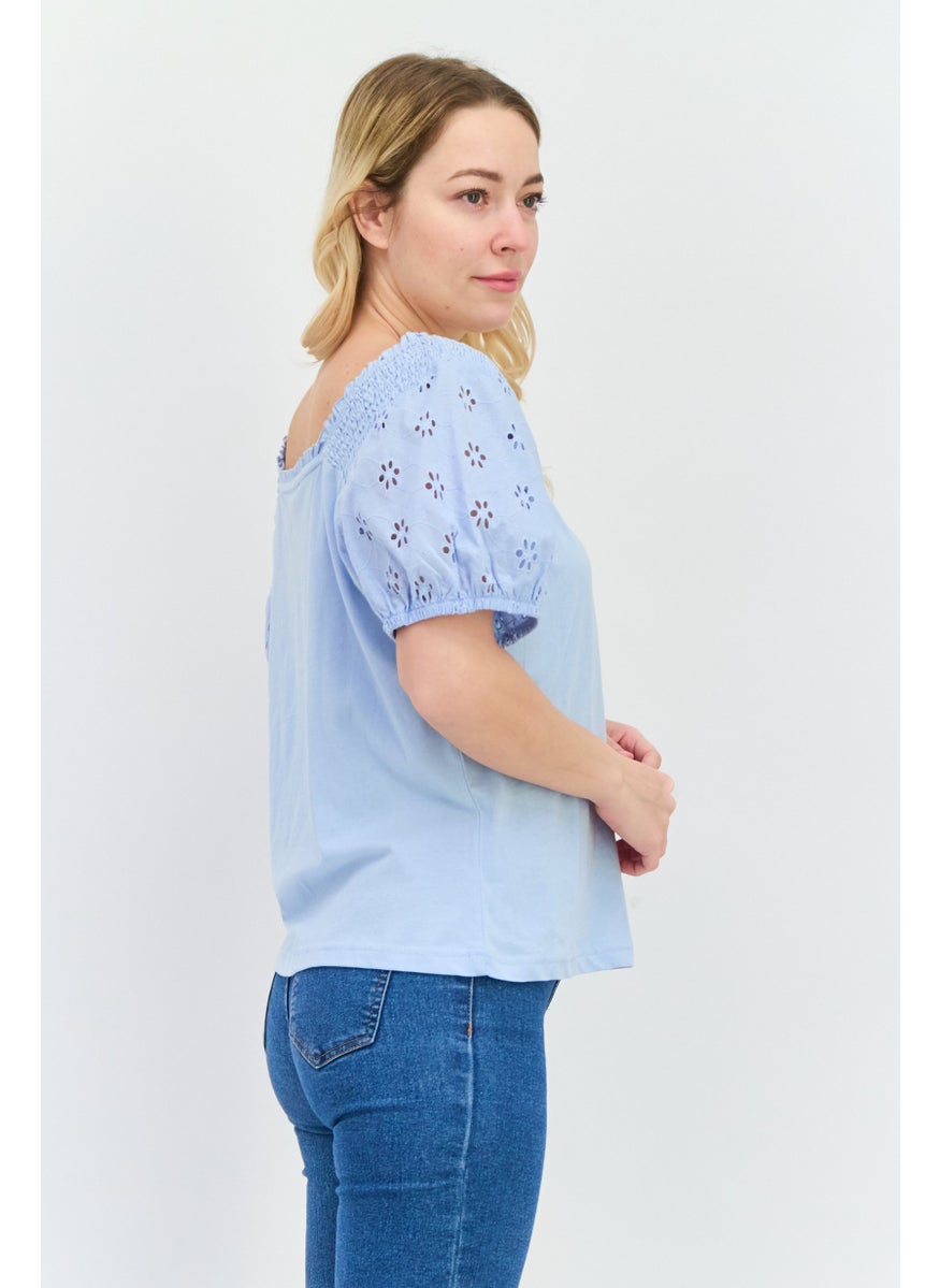 NAUTICA - Women Off Shoulder Short Sleeves Embroidered Blouse, Blue - Image 1
