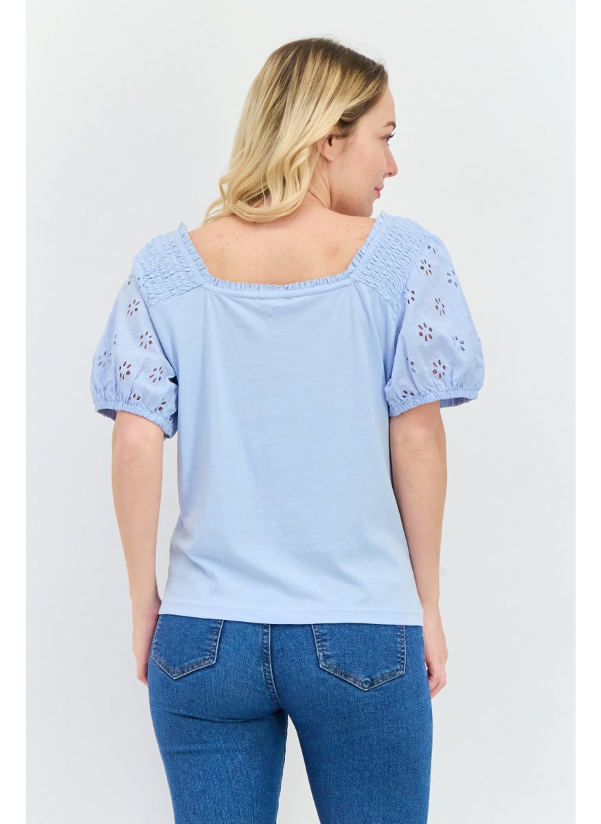 NAUTICA - Women Off Shoulder Short Sleeves Embroidered Blouse, Blue - Image 1