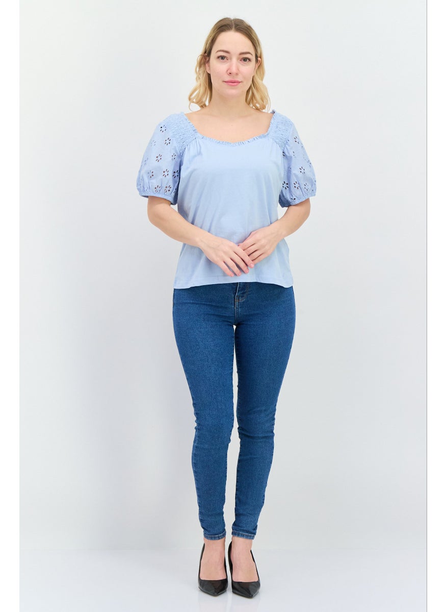 NAUTICA - Women Off Shoulder Short Sleeves Embroidered Blouse, Blue - Image 1
