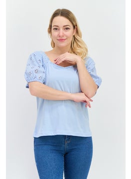 Women Off Shoulder Short Sleeves Embroidered Blouse, Blue