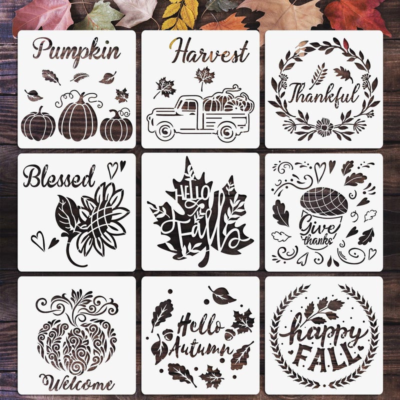 Whaline 9Pcs Fall Painting Stencils 79 x 79 Pumpkin Stencil Reusable Maple Leaf Truck Sunflower Wreath Stencils Drawing Templates for Thanksgiving Painting on Wood DIY Art Craft Decor