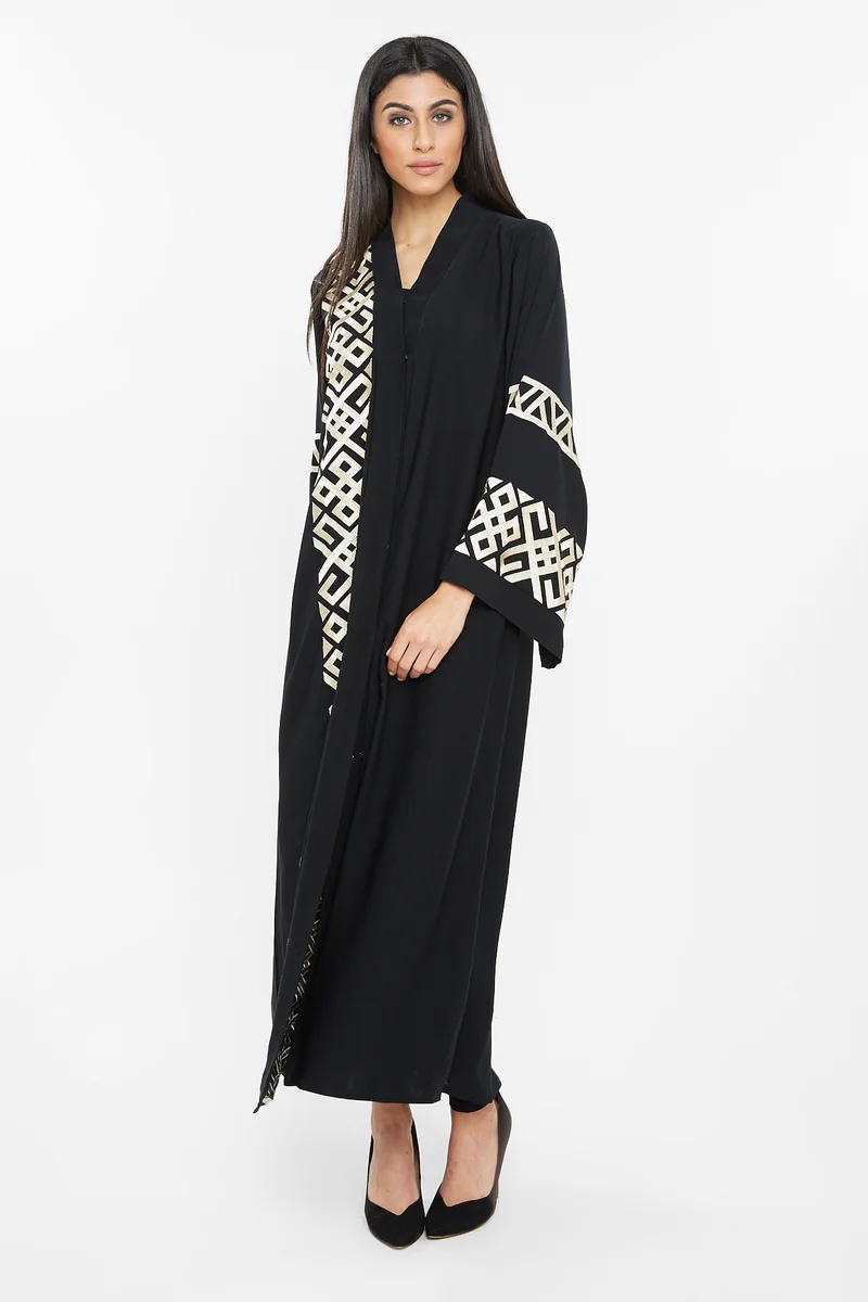 النخبة A classy abaya with golden aztec print detailing by the sleeves and sides-AJ132A