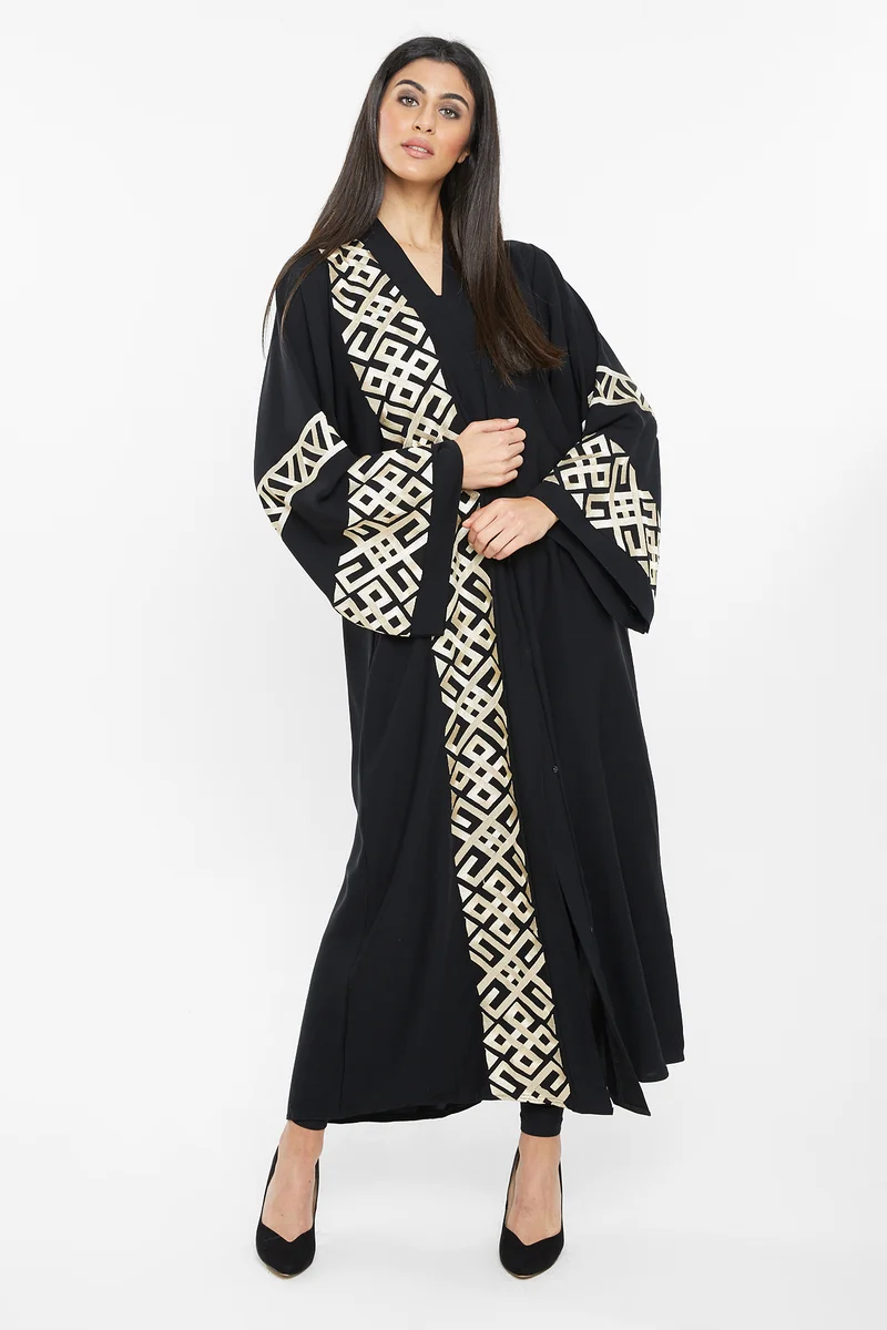 النخبة A classy abaya with golden aztec print detailing by the sleeves and sides-AJ132A