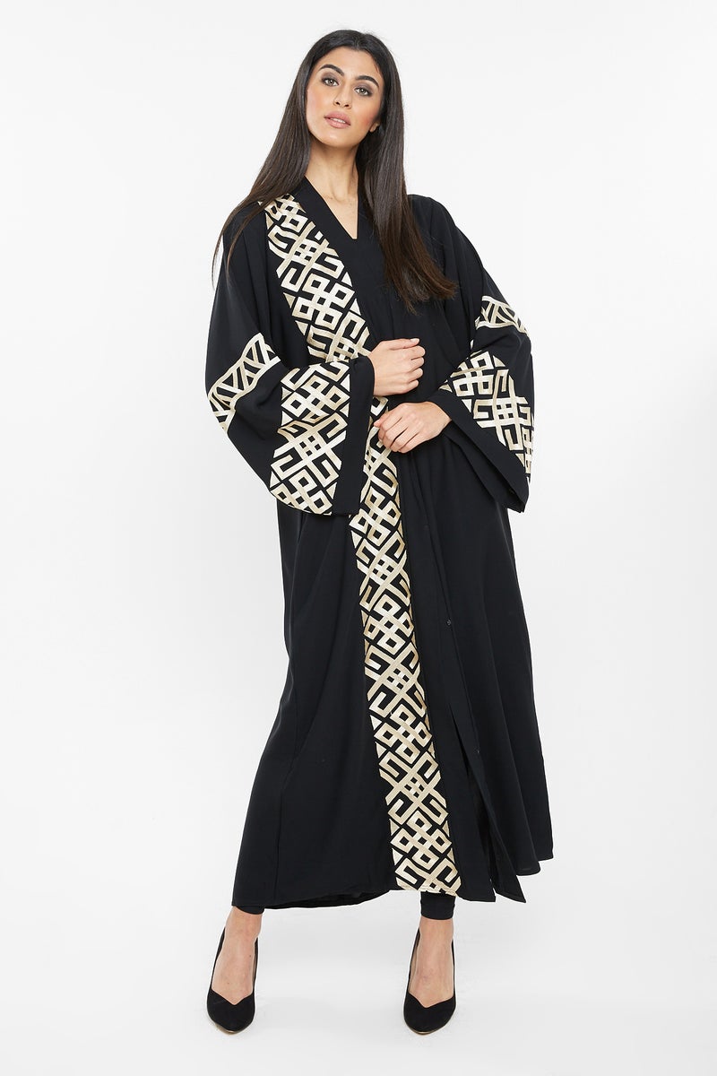 النخبة عباية أنيقة بطبعات أزتيك ذهبية على الأكمام والجوانب - Image 1