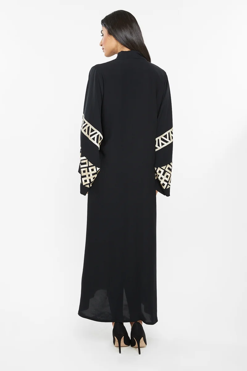 NUKHBAA A classy abaya with golden aztec print detailing by the sleeves and sides-AJ132A