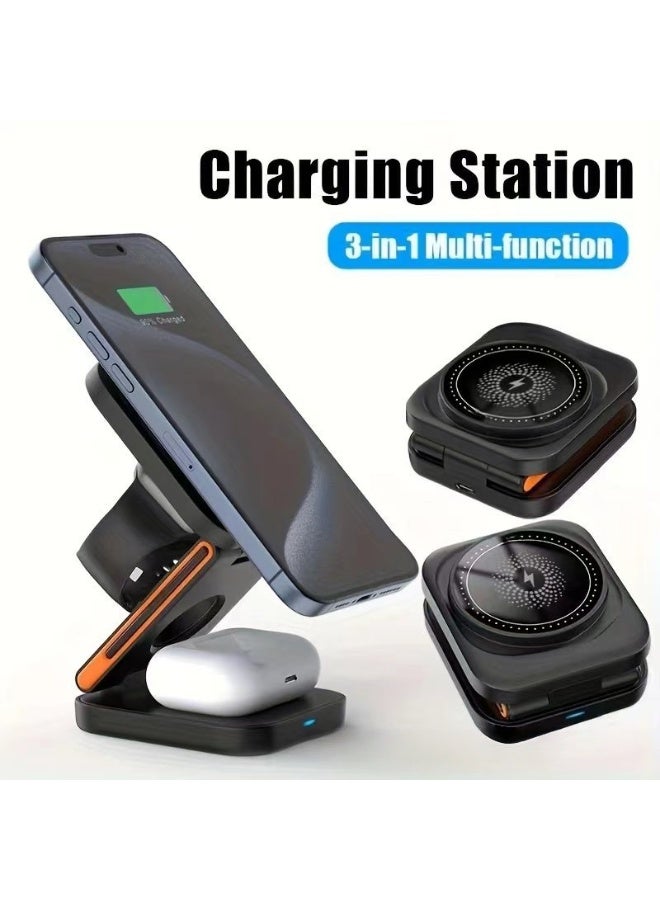 3-in-1 Wireless Desk Charging Station, 15W, MagSafe Compatible, Foldable, Fast, Compatible with Charging Apple Devices, Travel-Friendly, N52 Magnetic, Space-Saving, Multi-Device, Phone Mount