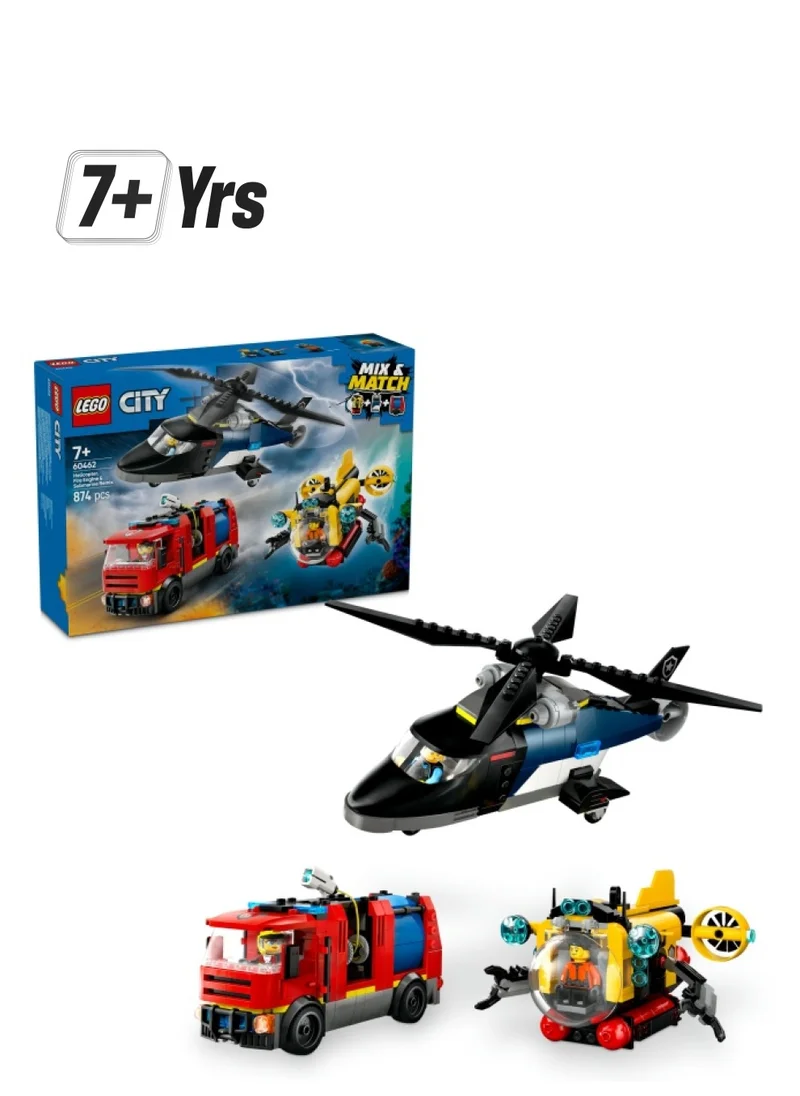 ليغو City 3in1 Helicopter, Fire Truck & Submarine Remix Toy with 3 Minifigures - Buildable Toy Vehicles for 7+ Year Old Boys & Girls - Gift Ideas for Birthdays & Holidays - 60462 (874 pieces)