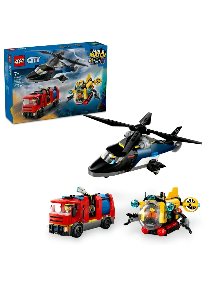 ليغو LEGO City 3in1 Helicopter, Fire Truck & Submarine Remix Toy with 3 Minifigures - Buildable Toy Vehicles for 7+ Year Old Boys & Girls - Gift Ideas for Birthdays & Holidays - 60462