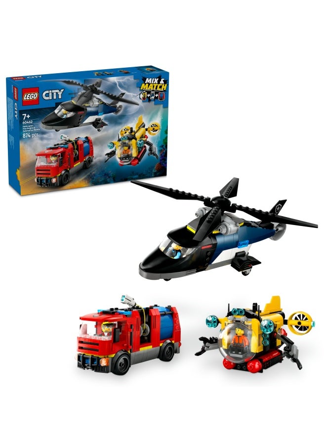 LEGO City 3in1 Helicopter, Fire Truck & Submarine Remix Toy with 3 Minifigures - Buildable Toy Vehicles for 7+ Year Old Boys & Girls - Gift Ideas for Birthdays & Holidays - 60462 (874 pieces)  - Image 1