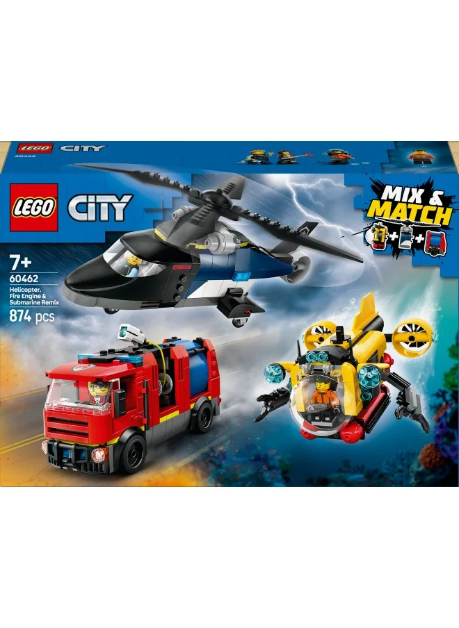 LEGO LEGO City 3in1 Helicopter, Fire Truck & Submarine Remix Toy with 3 Minifigures - Buildable Toy Vehicles for 7+ Year Old Boys & Girls - Gift Ideas for Birthdays & Holidays - 60462