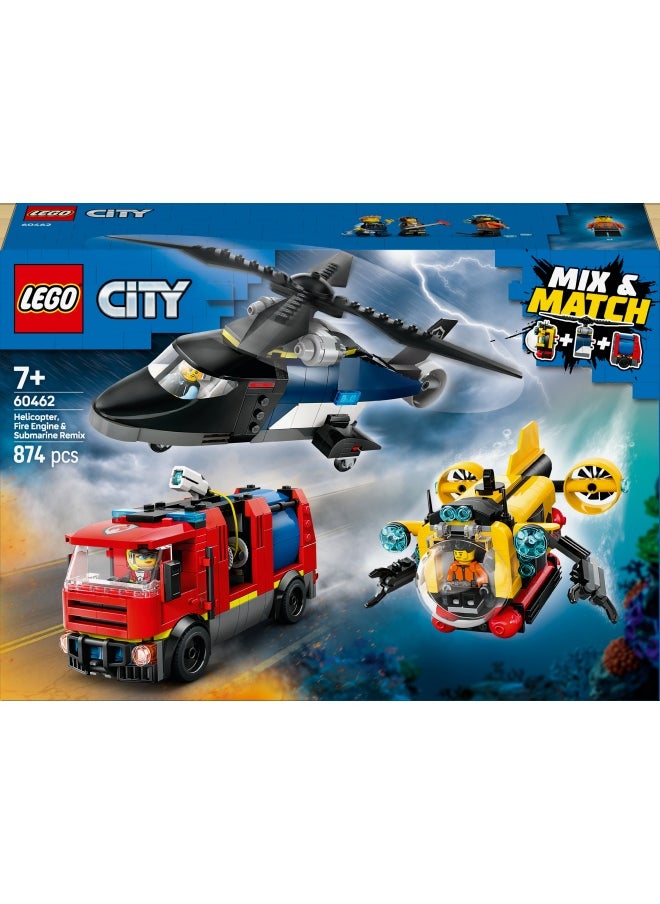 LEGO City 3in1 Helicopter, Fire Truck & Submarine Remix Toy with 3 Minifigures - Buildable Toy Vehicles for 7+ Year Old Boys & Girls - Gift Ideas for Birthdays & Holidays - 60462 (874 pieces)  - Image 2