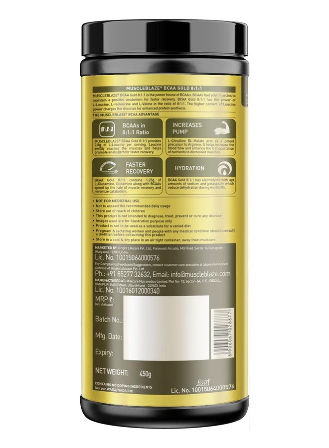 مسل بلايز مسحوق MuscleBlaze BCAA Gold 8:1:1 بنكهة الفواكه (60 حصة، 450 غرام) | غني بالليوسين والإلكتروليتات والجلوتامين - Image 2