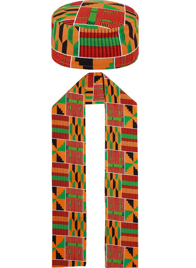 2 Pcs African Kente Pattern Kufi Hat Kente Kufi Hat Men Hat and Kente African Print Stole Sash for Black African History Men Women Kids - Image 1