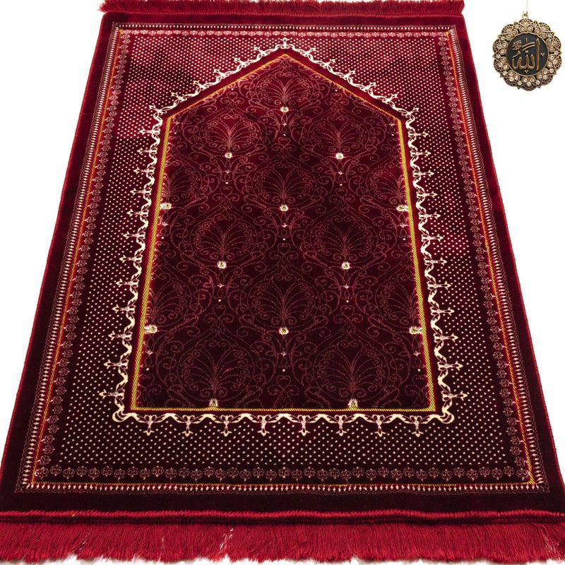 Modefa Velvet Prayer Rug  with Car Hanger  Janamaz Sajjadah Musalla  Thick Plush Wide  Topkapi Red