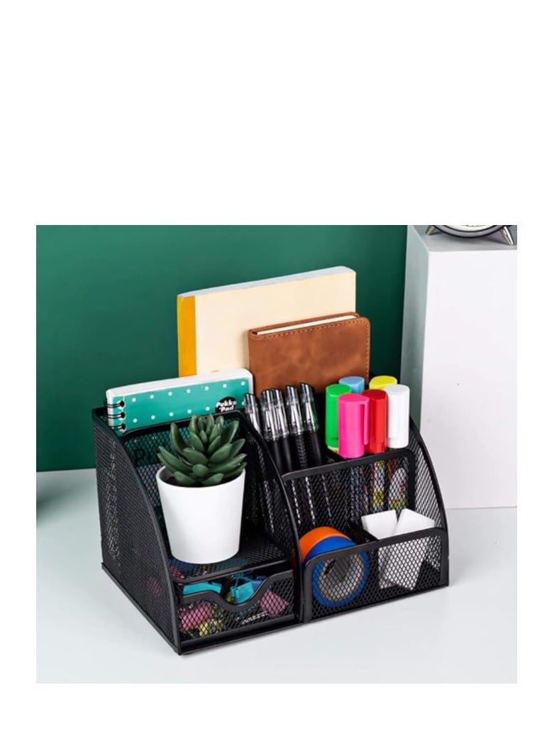 Terabyte Mesh Desk Organizer Office Supplies Multi-Functional Caddy Pen Holder Stationery Organizer for Office, Home, School, Classroom (6 Compartments and 1 Drawer) - Image 1