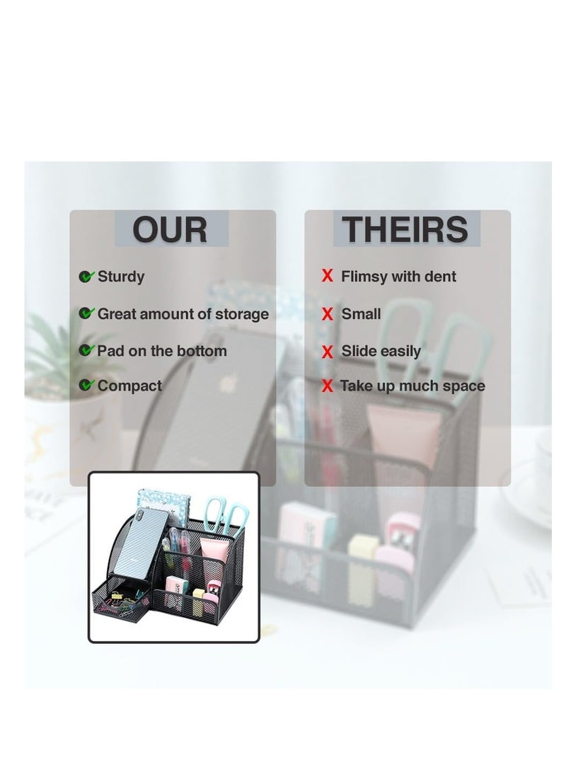 Terabyte Mesh Desk Organizer Office Supplies Multi-Functional Caddy Pen Holder Stationery Organizer for Office, Home, School, Classroom (6 Compartments and 1 Drawer) - Image 2